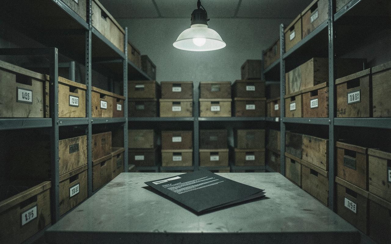 A dim police evidence archive of numbered crates with a single black file open on a steel table