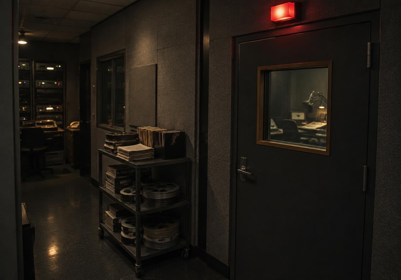 A darkened radio station corridor with a trolley of tape reels outside a studio door