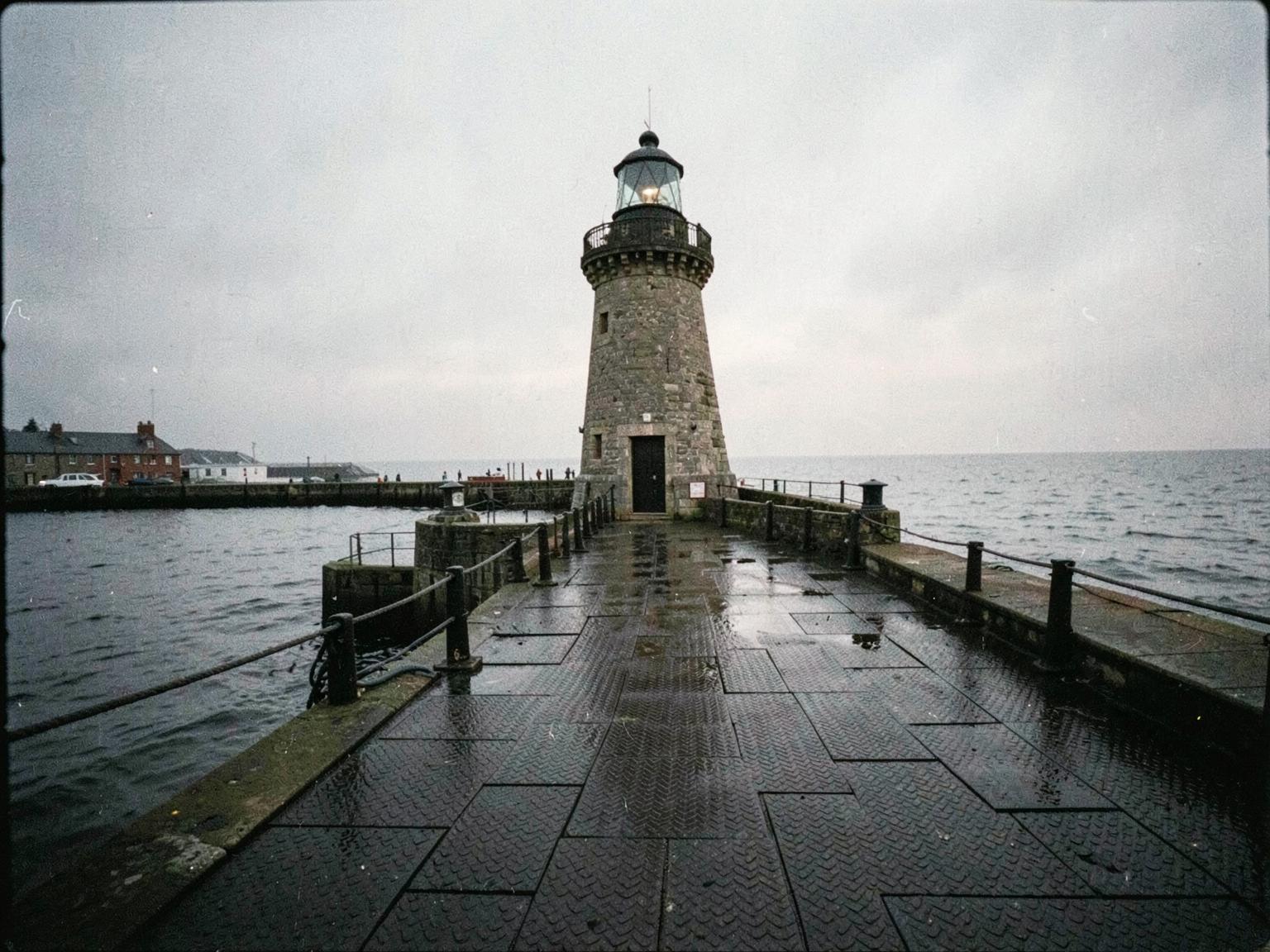 A harbour lighthouse gallery above dark water