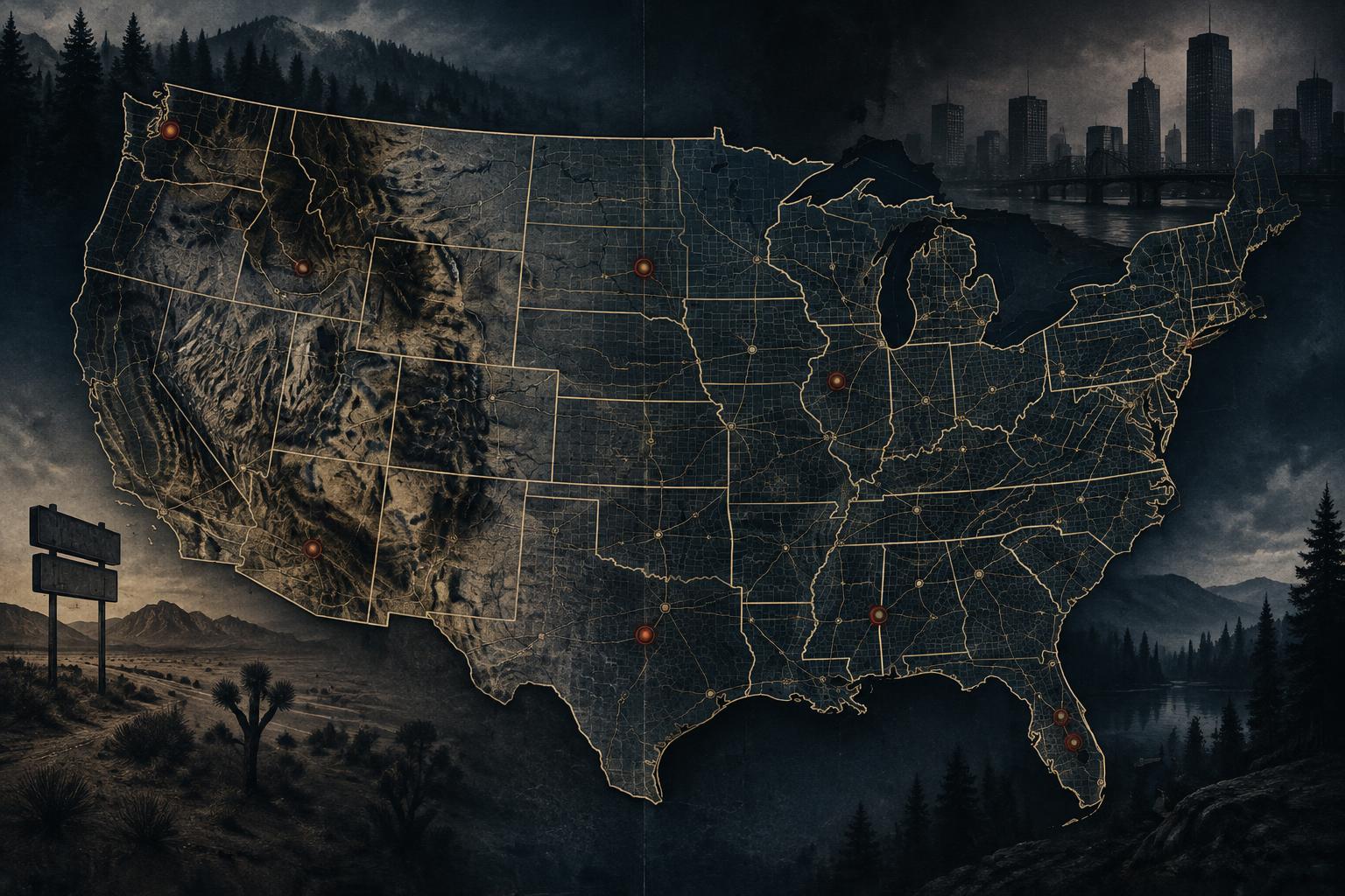 A dark stylised United States map with routes and muted archive markers